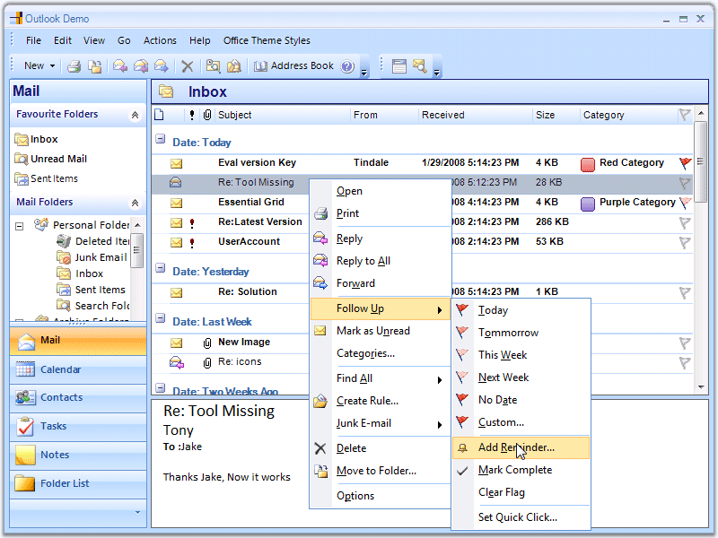 Outlook 2007 (Windows Forms)Group your data in Outlook like groups using Essential Grid and recreate the rest of the 2007 UI using Essential Tools.
