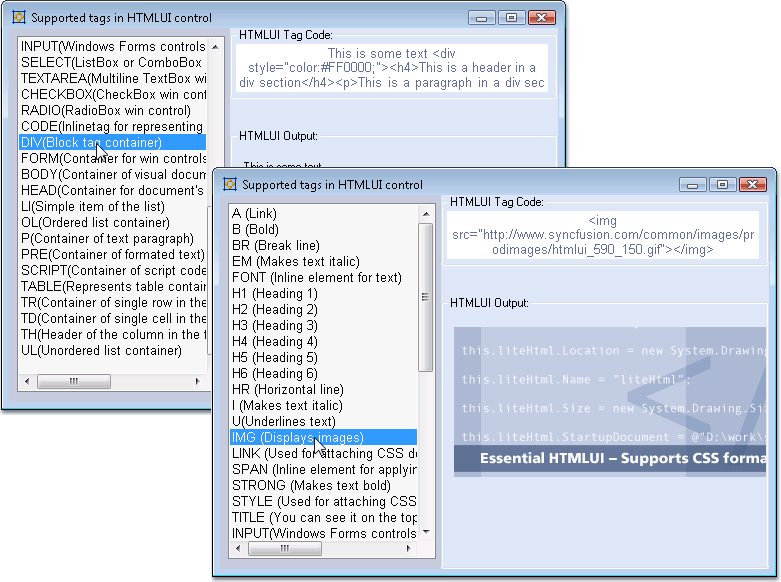 HTML Tags SupportAll the commonly used html tags are fully supported by HtmlUI.