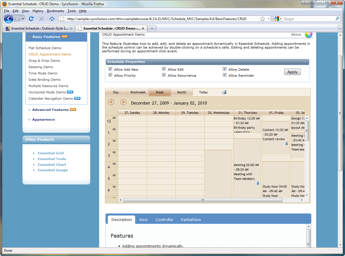 Screenshot of Syncfusion Essential Schedule for ASP.NET MVC