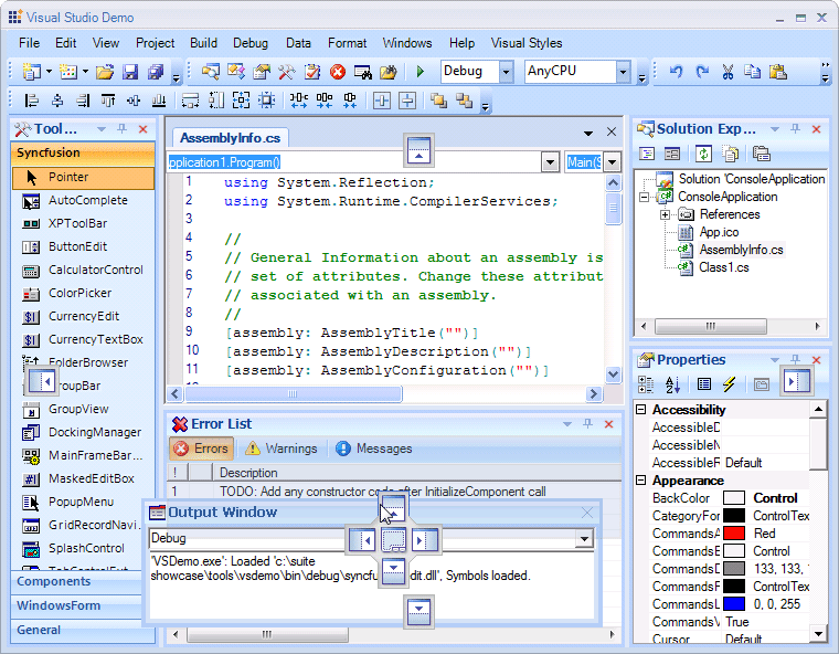 Visual Studio UI (Windows Forms)Incorporate Visual Studio like docking, menus, tabbed mdi, tabbed splitters, trees, etc. using Essential Tools.