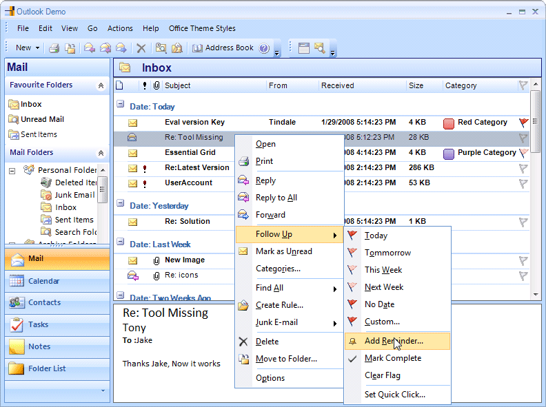 Outlook style UI (Windows Forms)Create full fledged Outlook style UI using Essential Tools and Essential Grid.