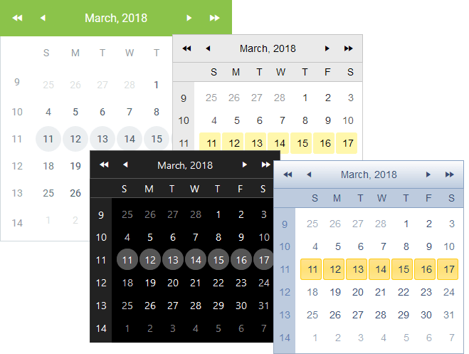 Telerik ASP.NET AJAX Calendar ThemesThe ASP.NET AJAX Calendar supports multiple day selection. Selections can be made by range or by week.