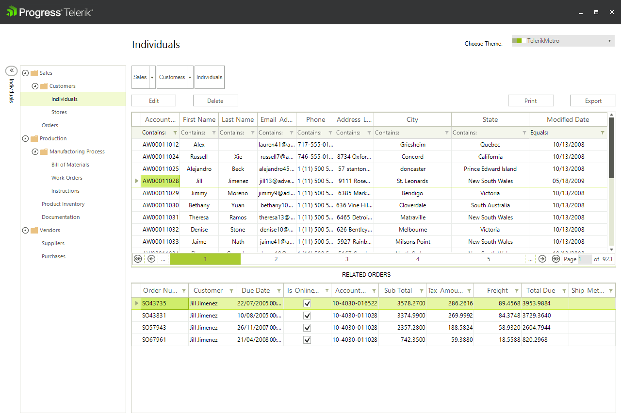 Telerik UI for WinForms - ERP CustomersThe WinForms ERP sample showcases the GridView and TreeList controls.