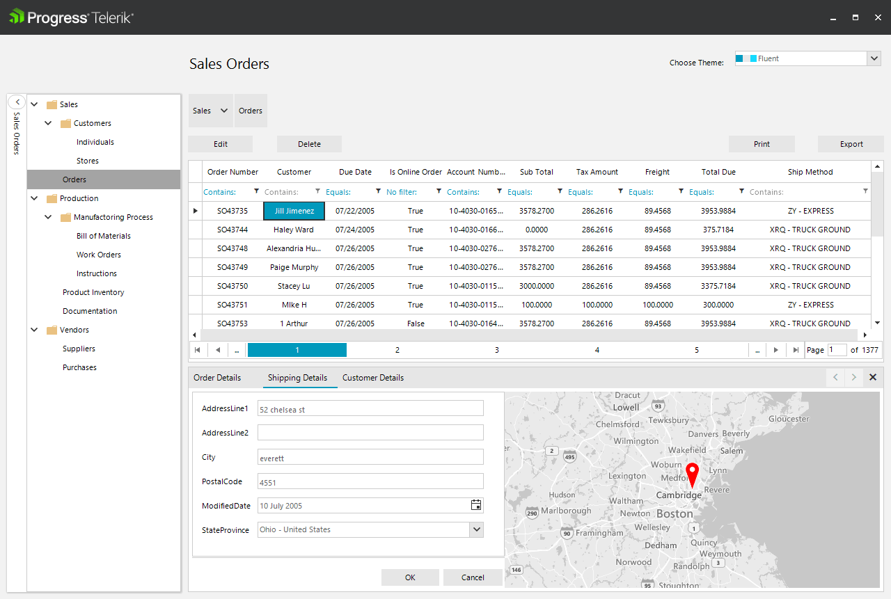 Telerik UI for WinForms - ERP OrdersThe WinForms ERP sample showcases the GridView, TreeList and Map controls.