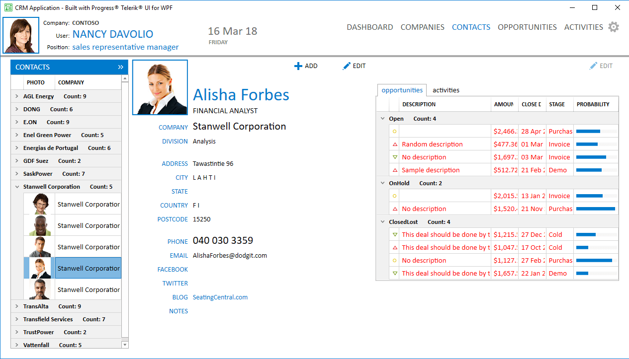 Telerik UI for WPF - CRM Contacts PageThe CRM sample application's contacts page showcases the WPF GridView control.
