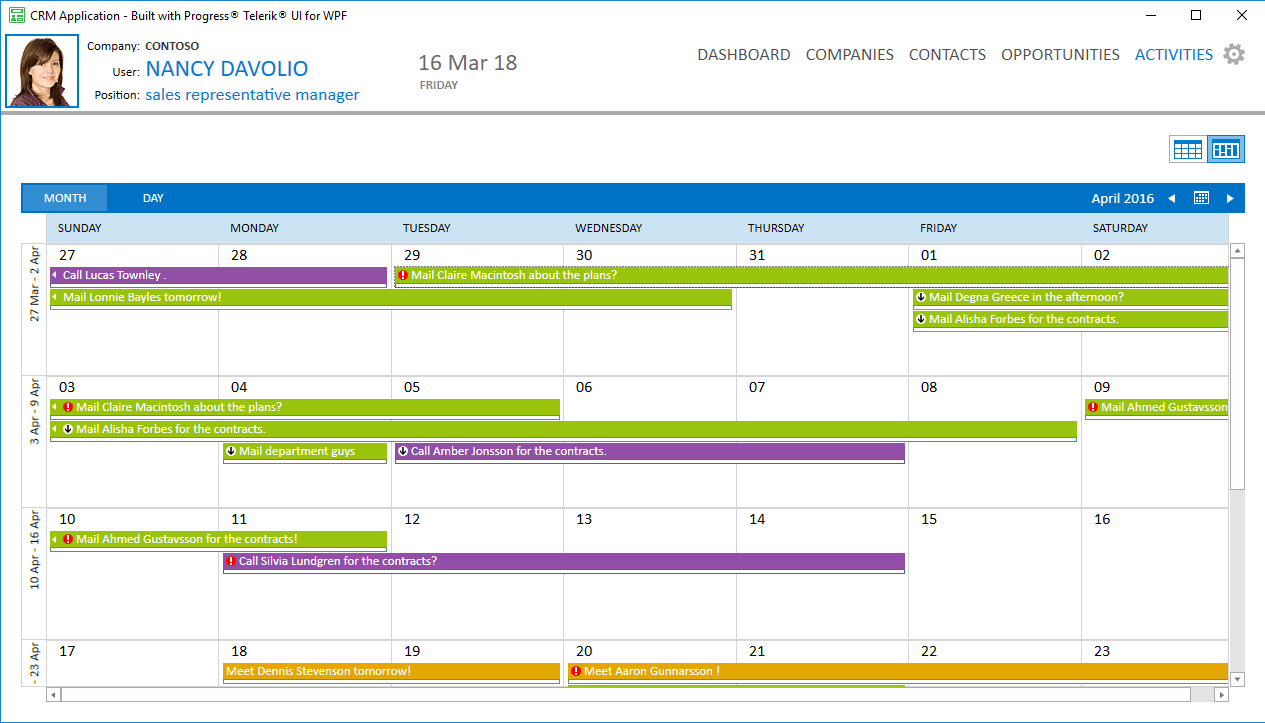 Telerik UI for WPF - CRM Activities PageThe CRM sample application's activities page showcases the WPF ScheduleView control.