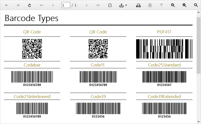 Telerik Reporting - BarcodesThe Barcodes Report illustrates the range of available barcode types including 1D & 2D.