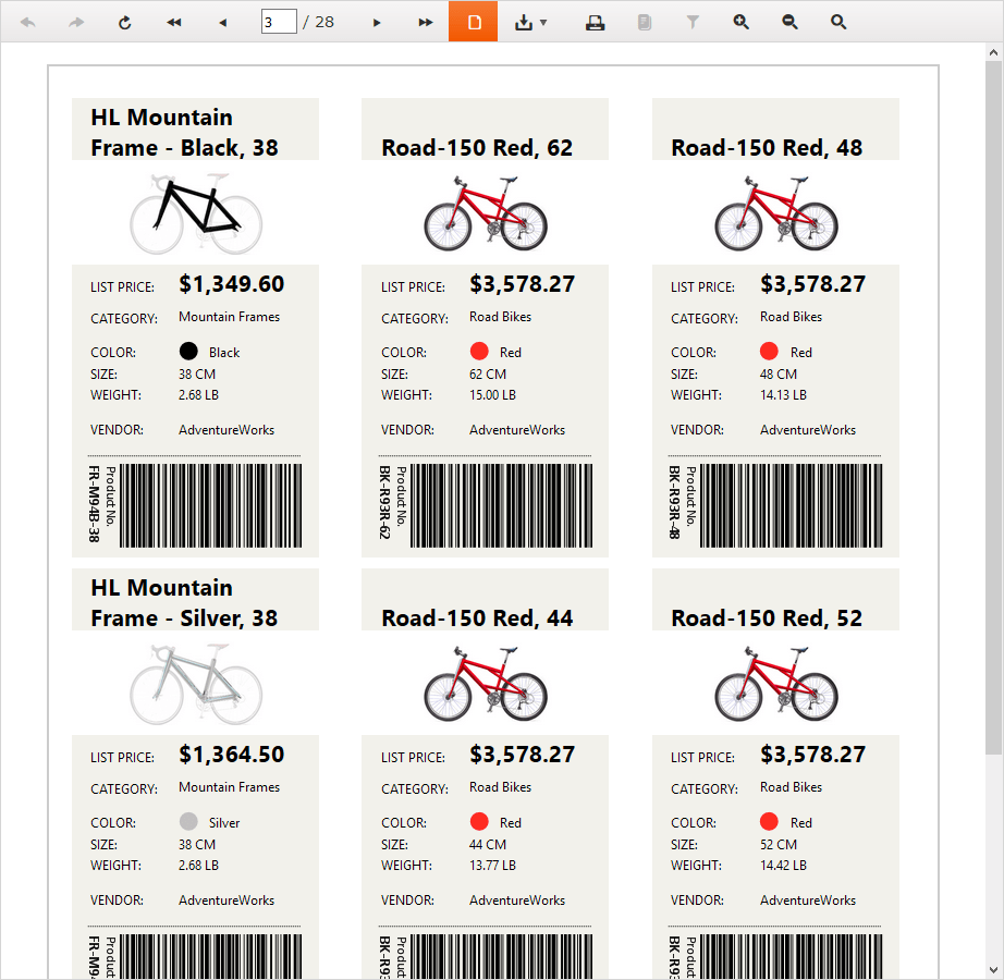 Telerik Reporting - Product TagThis report shows printable product tags arranged in a newspaper-style columns.