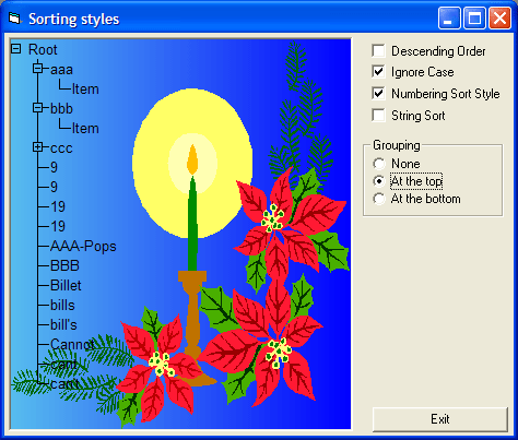 SortingSort by Branch or by Heirarchic level. Sort by any column, or by hidden data. Sort options include Case Sensitivity, Alpha / Numeric sort, Parent Nodes f