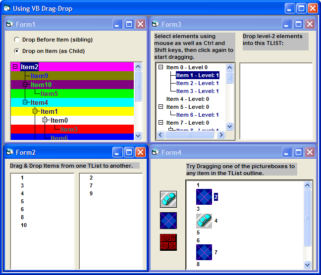 Visual Basic style drag and dropDrag between controls or within TList. TList automatically scrolls the control during drag & drop. No code is required to dr
