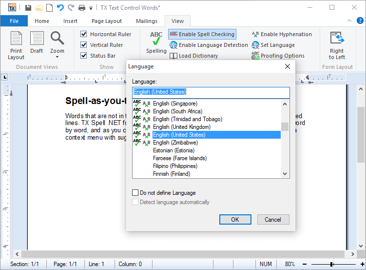 Multi-Lingual Spell CheckingTX Spell .NET for WPF supports multi-lingual documents. For example, it is possible to check a document, which contains English, Ger