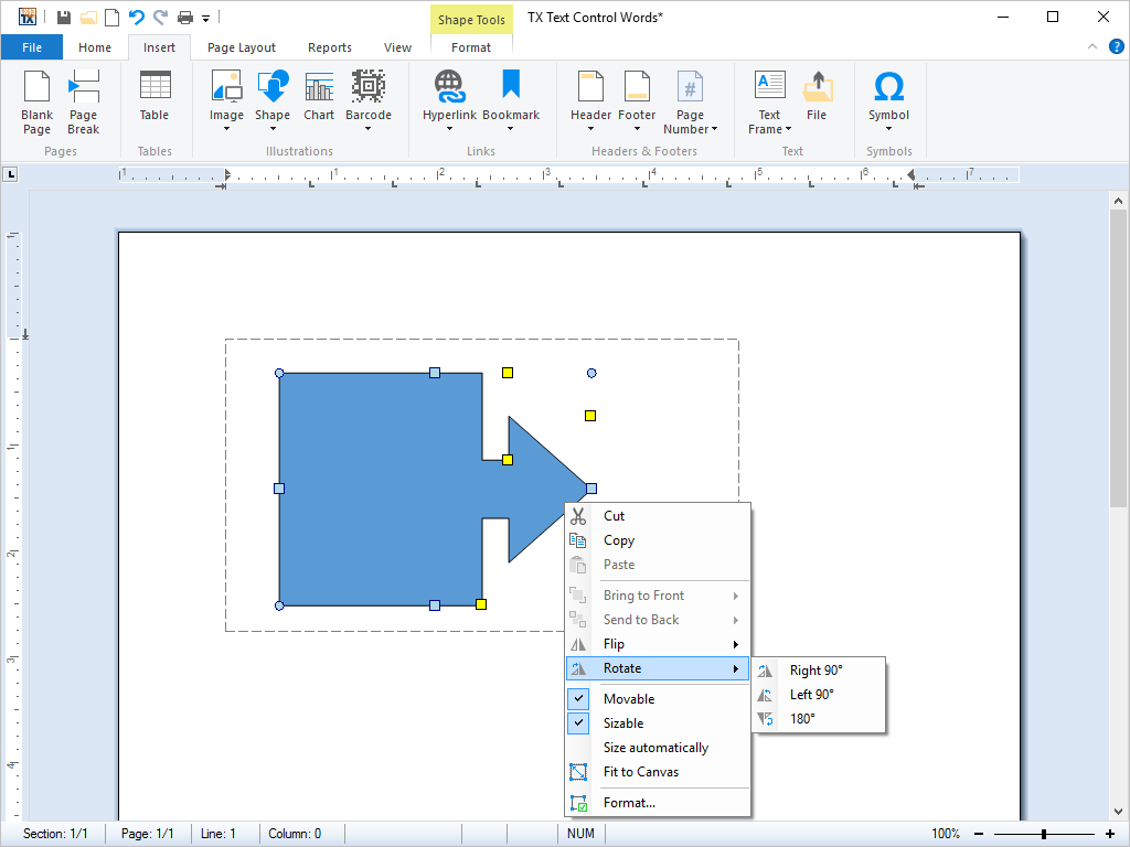 Drawings and ShapesMS Word compatible drawings and shapes can be inserted and edited. Shapes can be added as single objects into TX Text Control and can be comp