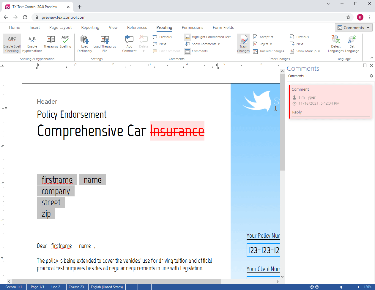 Screenshot of TX Text Control .NET Server for ASP.NET
