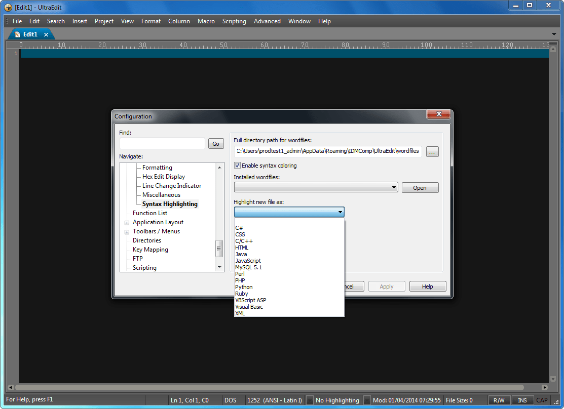 Syntax HighlightingSyntax highlighting and code folding - configurable, pre-configured for C, C++, VB, HTML, Java, and Perl, with special options for FORTRAN an