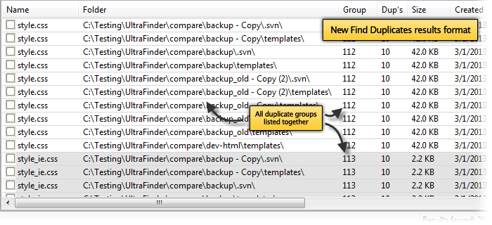 Find Duplicates Output Window and Results Format