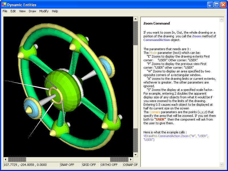 Zoom, Pan, RotateZooms to display: 'E' Zooms to display the drawing extents . The other parameters are ingored. 'P' Zooms to display the previous view . The oth