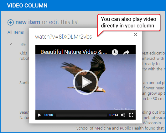 Video Column & Web Part