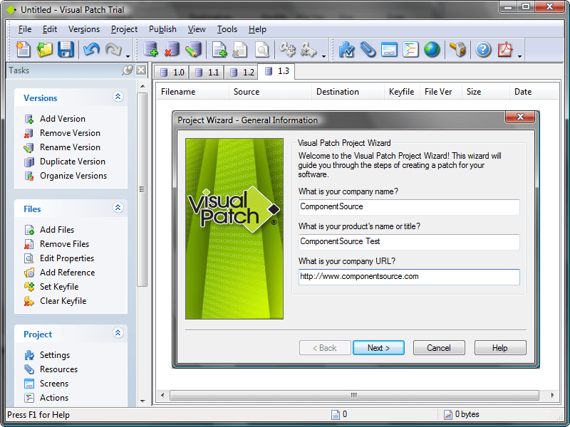Project Wizard Quick Start A Project Wizard is included that Walks you through the creation of a professional software patch complete with customized dialogs, m