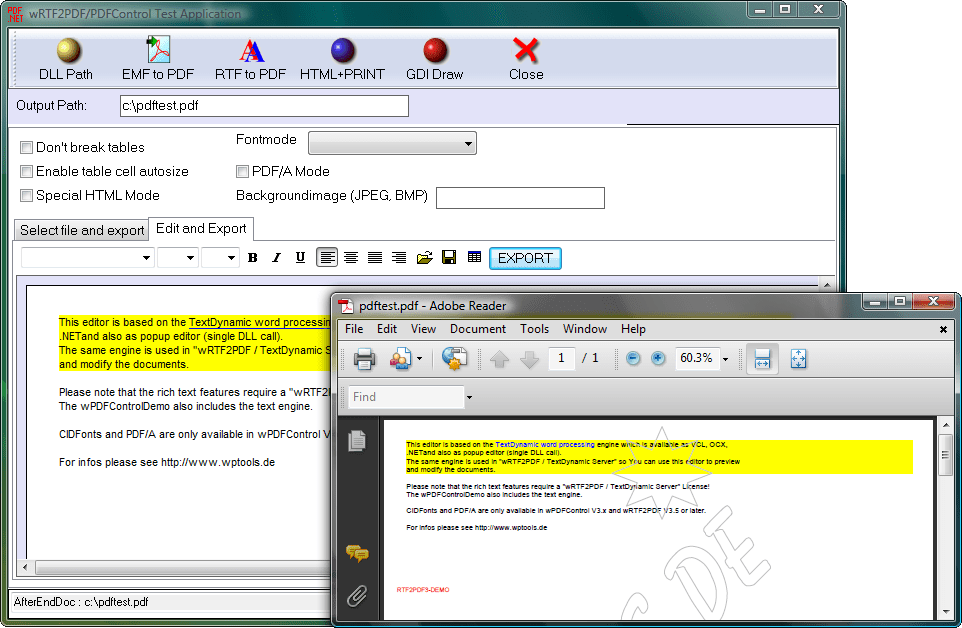 Screenshot of wRTF2PDF/TextDynamic Server