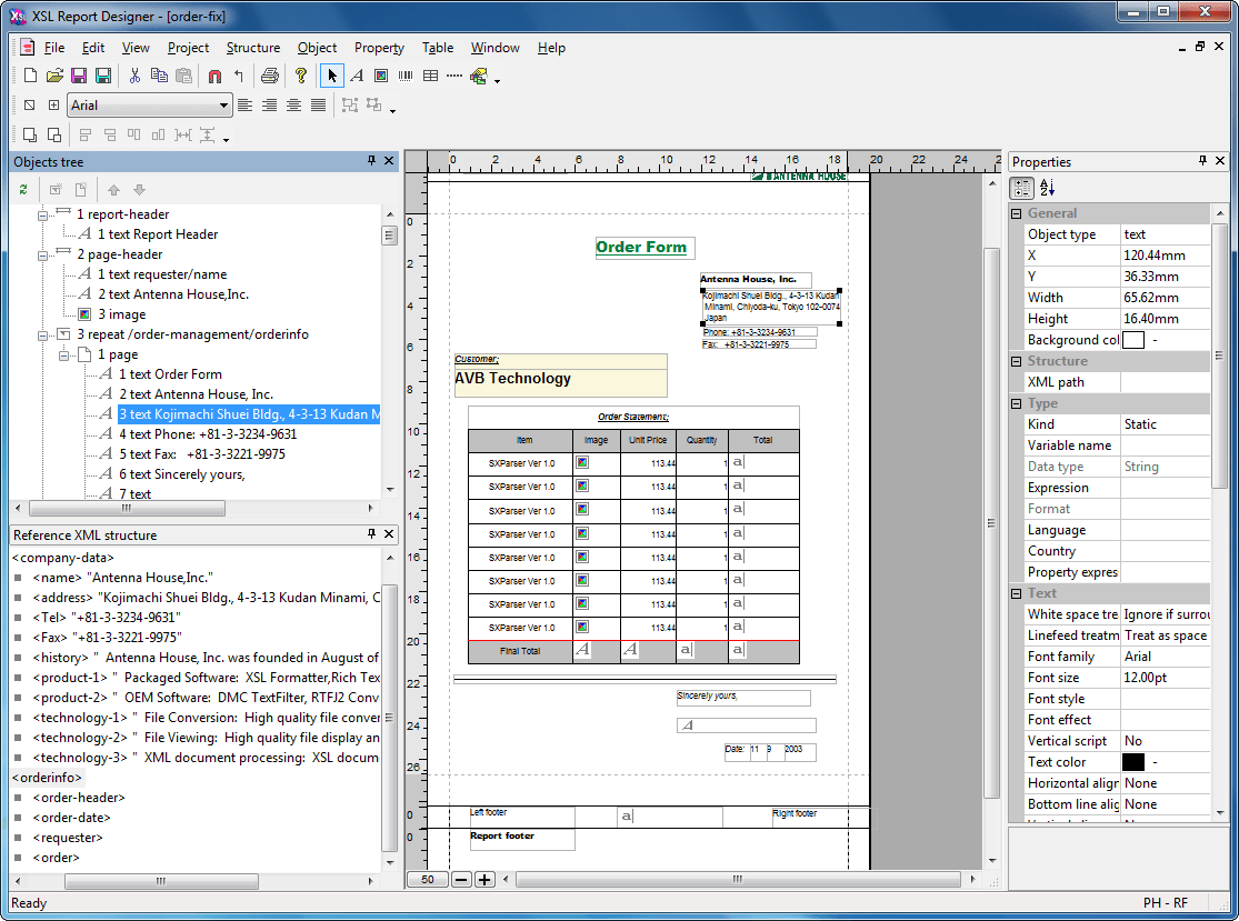 Screenshot of XSL Report Designer