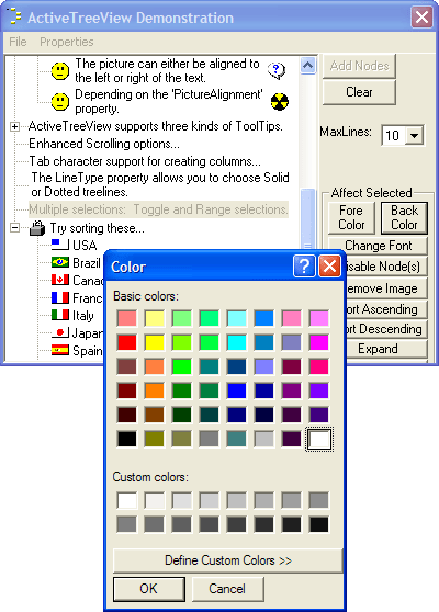 Colors and Fonts for Control and NodesThe colors and fonts (where applicable) of each element of the ActiveTreeView can be adjusted individually.