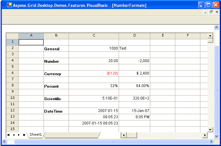 Number FormatsYou can use different Number Formats to display data in the following formats: general format, numbers in Decimal notations, numbers with Currency