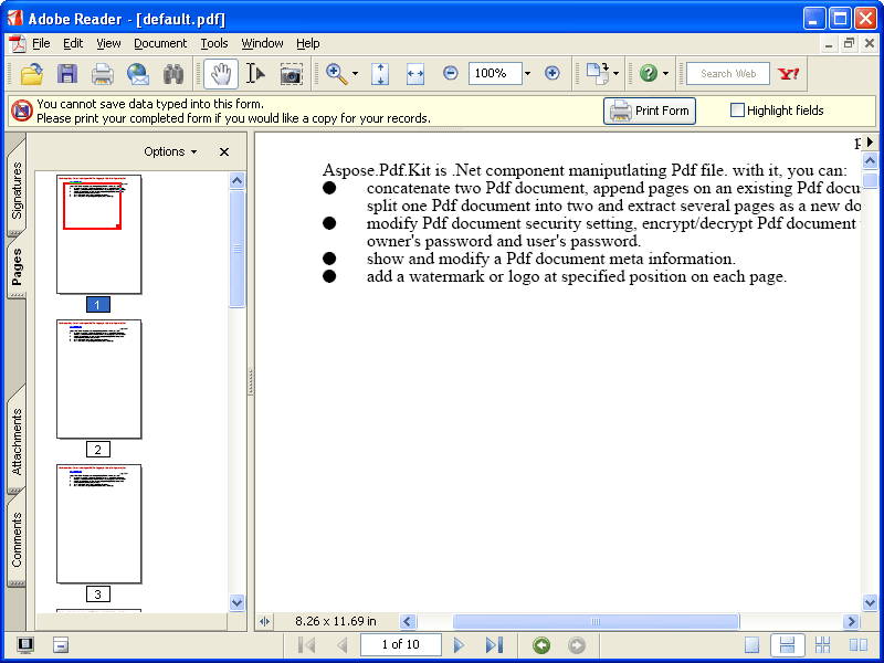 Concatenate InputWith Aspose.Pdf.Kit you can concatenate two PDF files into a Pdf file.