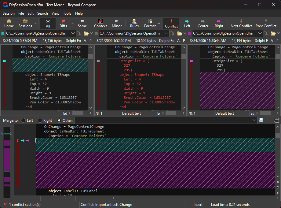 Section HighlightingColor coding and section highlighting allow you to accept, reject, or combine changes, simply and easily. When merging files you can change