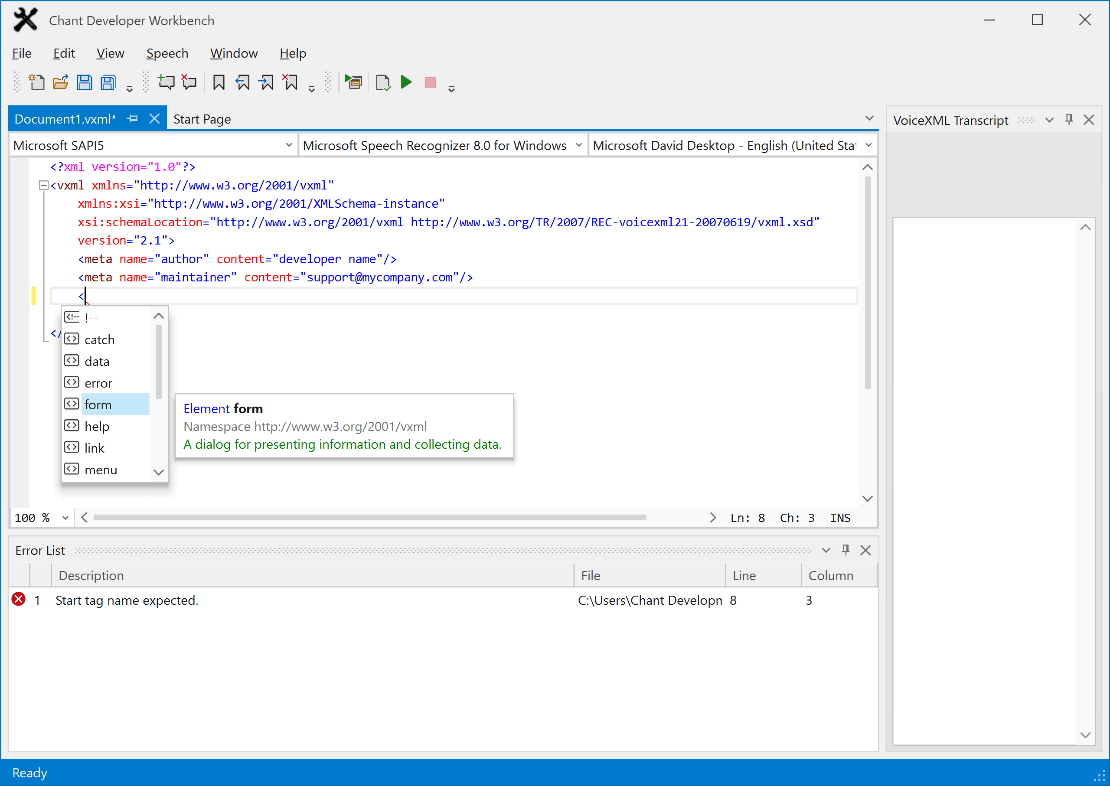 VoiceXML Document EditingEdit W3C VoiceXML documents faster with built-in intelliprompt that suggests valid syntax.