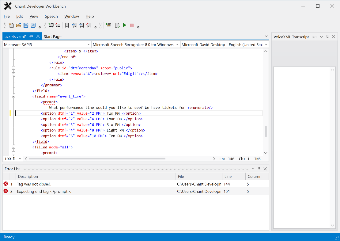 VoiceXML Syntax Error DebuggingAutomatic syntax checking displays visual cues and syntax error messages in the Error window. Click on the error to take you to t