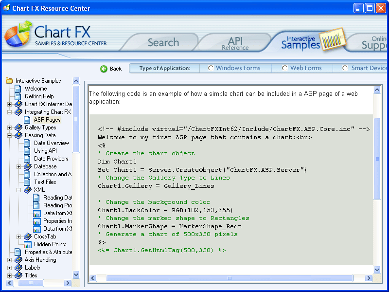 Easily Integrate Charts in ASP Pages Integrating a chart into an ASP file is as simple as creating and instantiating the chart object, setting the desired chart