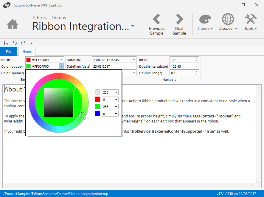 Ribbon InteropThe controls provided by the Editors product can be easily integrated into the Actipro Ribbon using a special Interop assembly. The Interop assemb