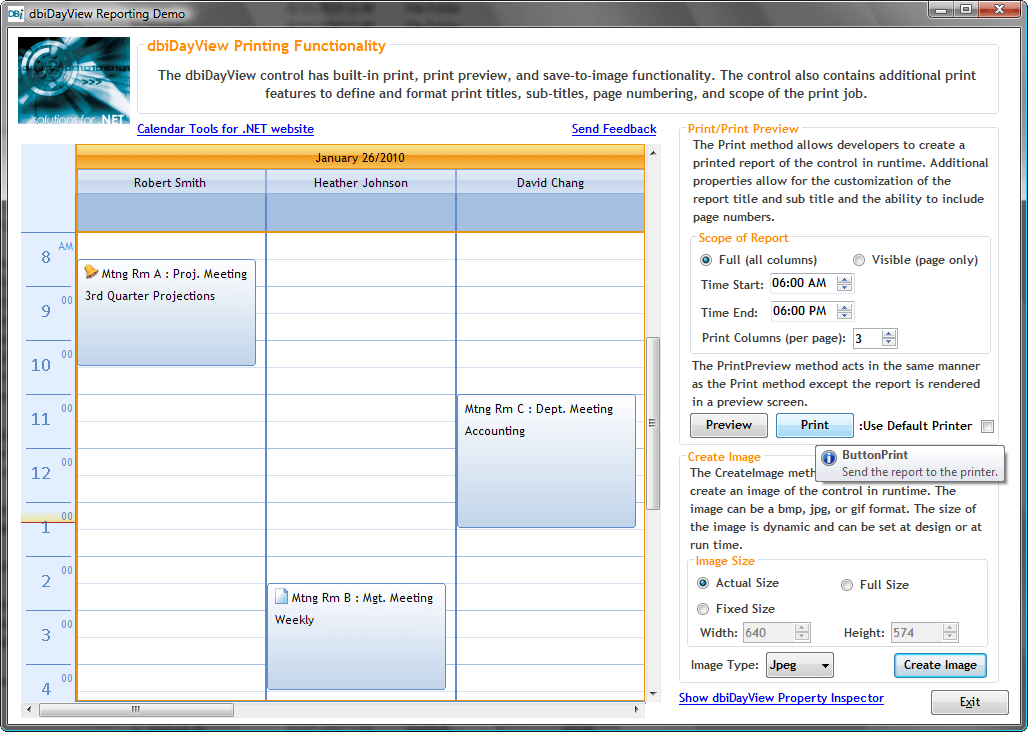 dbiDayView Printing FunctionalitydbiDayView includes built-in print, print preview and save to image functionality. dbiDayView also contains additional print fe
