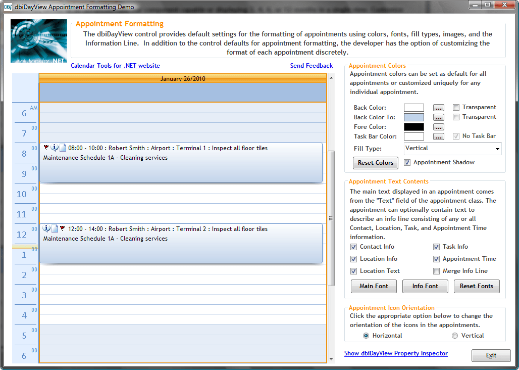 Appointment FormattingdbiDayView provides default settings for the formatting of appointments using colors, fonts, fill types, images and the Information Line.