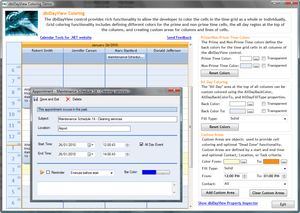 ColoringdbiDayView allows the developer to color the cells in the time grid as a whole or individually. Grid coloring functionality includes defining different