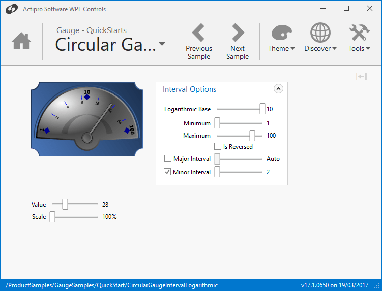 Logarithmic ScalesThe CircularGauge and LinearGauge support logarithmic scales with a configurable base. Logarithmic scales can be useful when more sensitivity