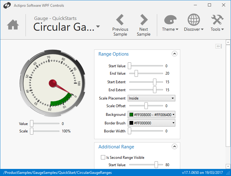 RangesTo highlight areas of interest, ranges can be added with identifying colors. For example, a range with a dark red background can be added to a tachometer