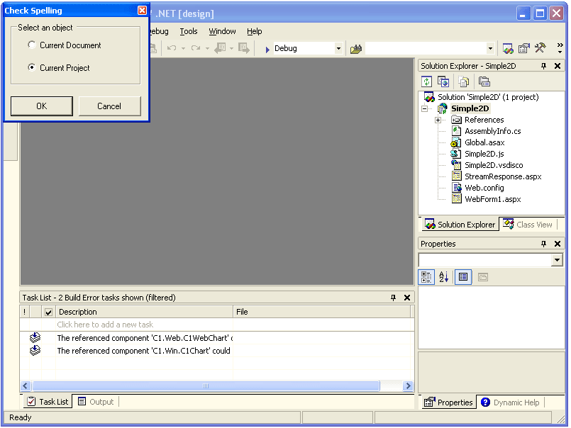 Spellchecking SelectionSelect whether you want to check the spelling of the currently open document, or the whole .NET project.