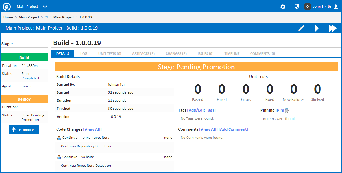 Take Complete Control and Promote Stages ManuallyBuilds can be executed, tested and packaged automatically before waiting for your approval to deploy.