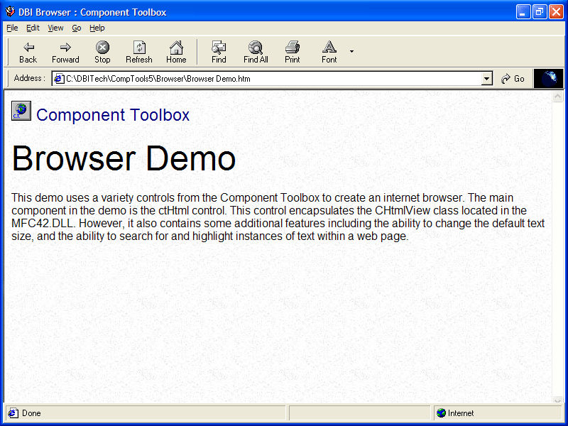 Web BrowserThe ctHtml control is a window in which the user can browse sites on the World Wide Web, as well as folders in the local file system and on a network