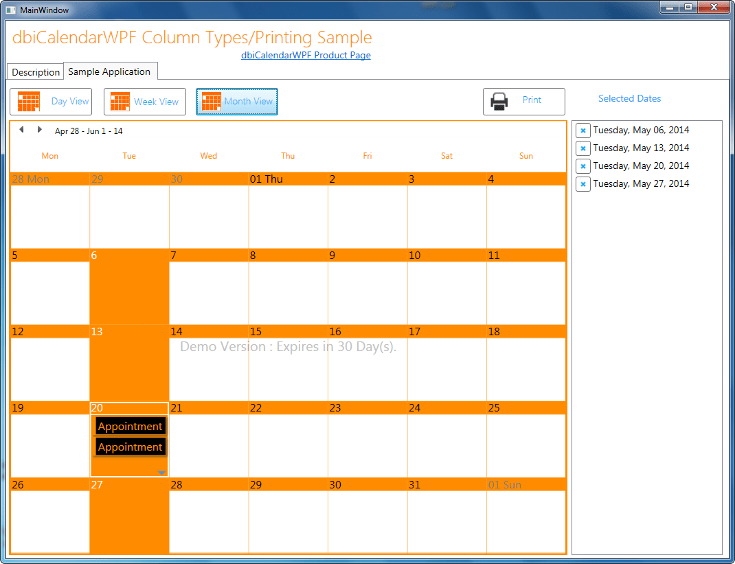 Screenshot of dbiCalendarWPF
