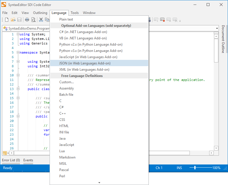 Sample languagesWhile many sample languages are available to get you started (such as C#, VB, XML, and more), custom language definitions can be developed and d