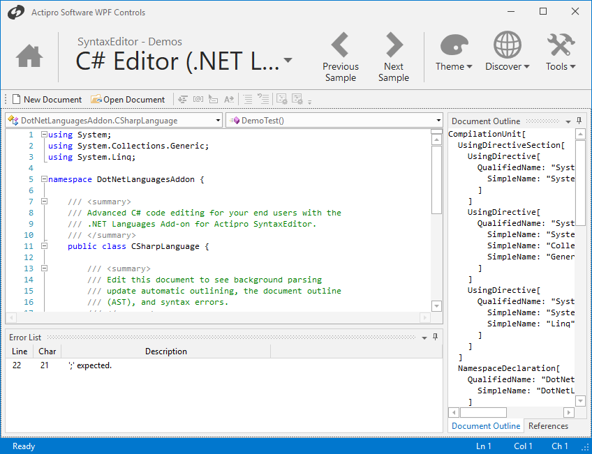 Advanced Editing CapabilitiesSyntaxEditor has a number of display features you find in the Visual Studio code editor such as line numbers, visible whitespace, w