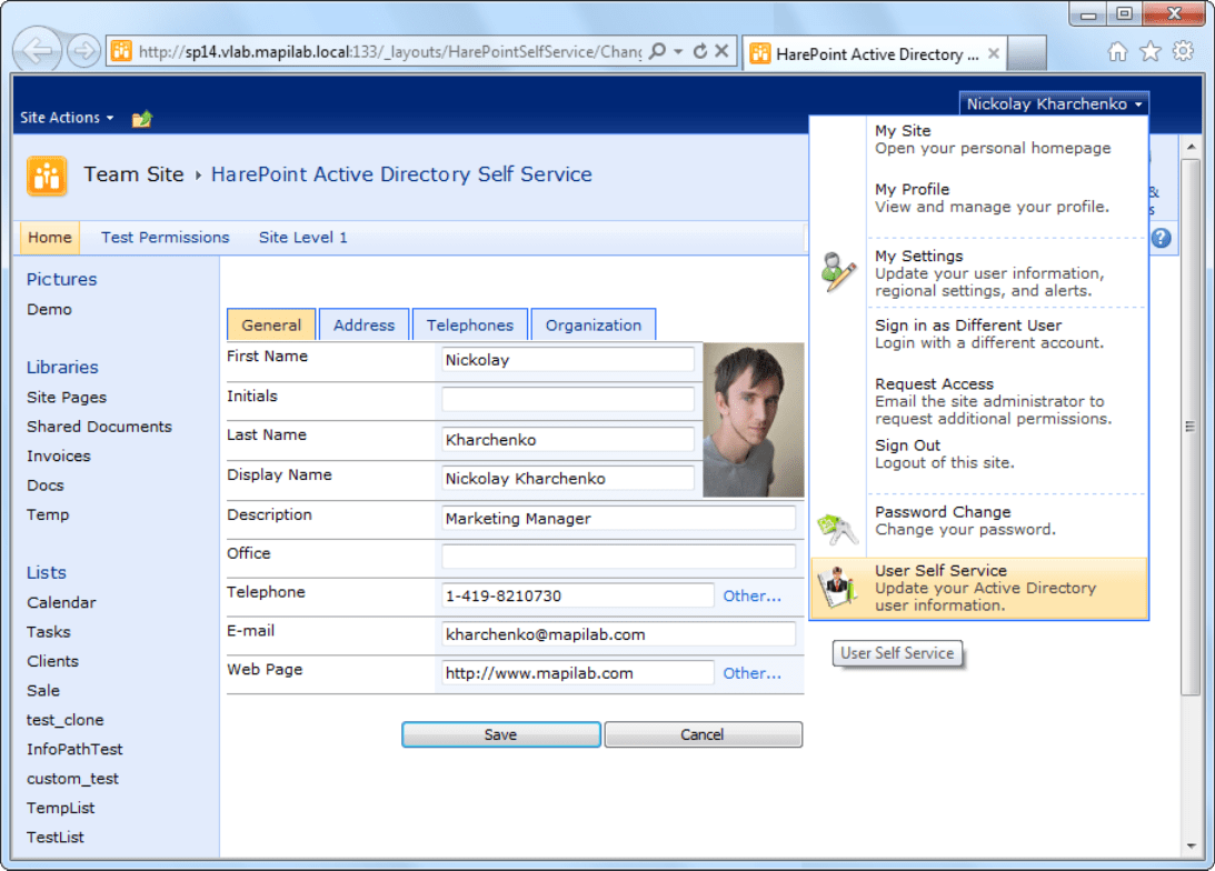Screenshot of HarePoint Active Directory Self Service