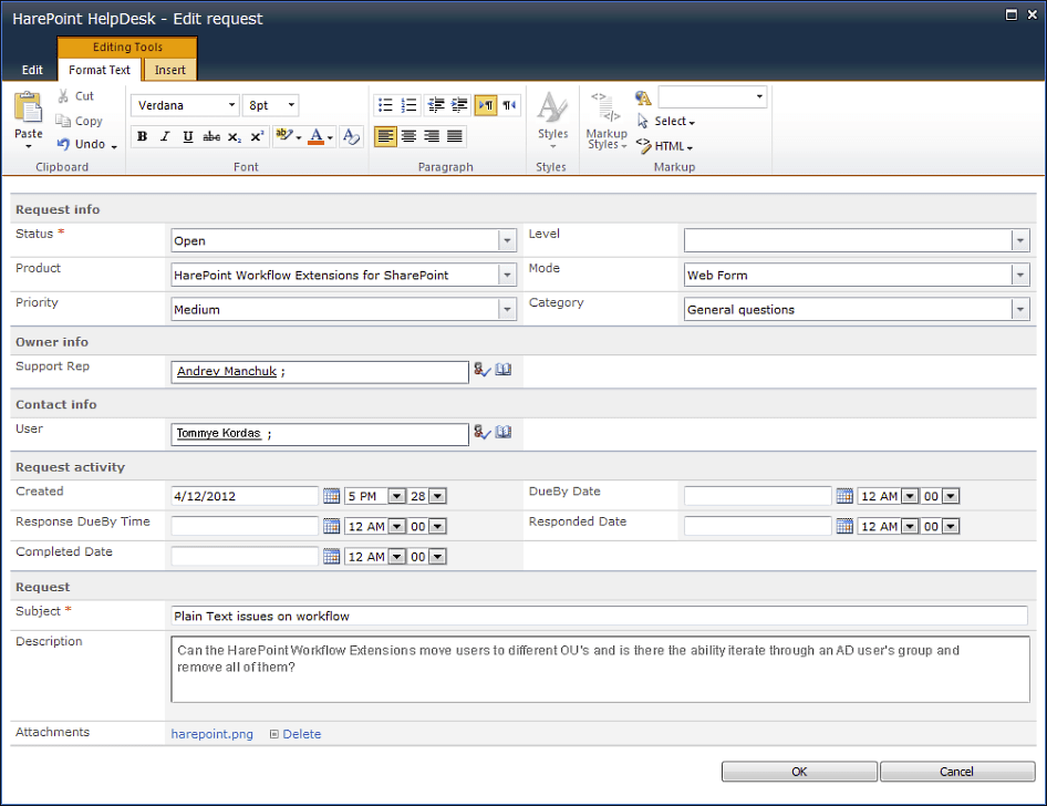 Screenshot of HarePoint HelpDesk for SharePoint