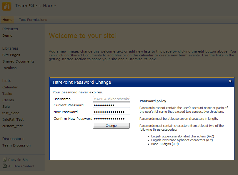 HarePoint Password Change Dialog