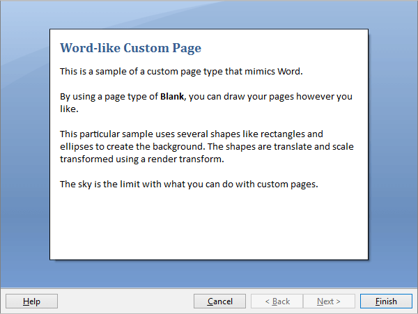 Transition Effect OptionsActipro Wizard for WPF includes numerous built-in animated page transition effect options, everything from simple fades to wedge wipes