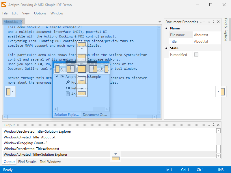 Actipro Docking & MDIActipro Docking & MDI is a complete solution for easily adding a docking tool window and/or multiple document interface to your WPF