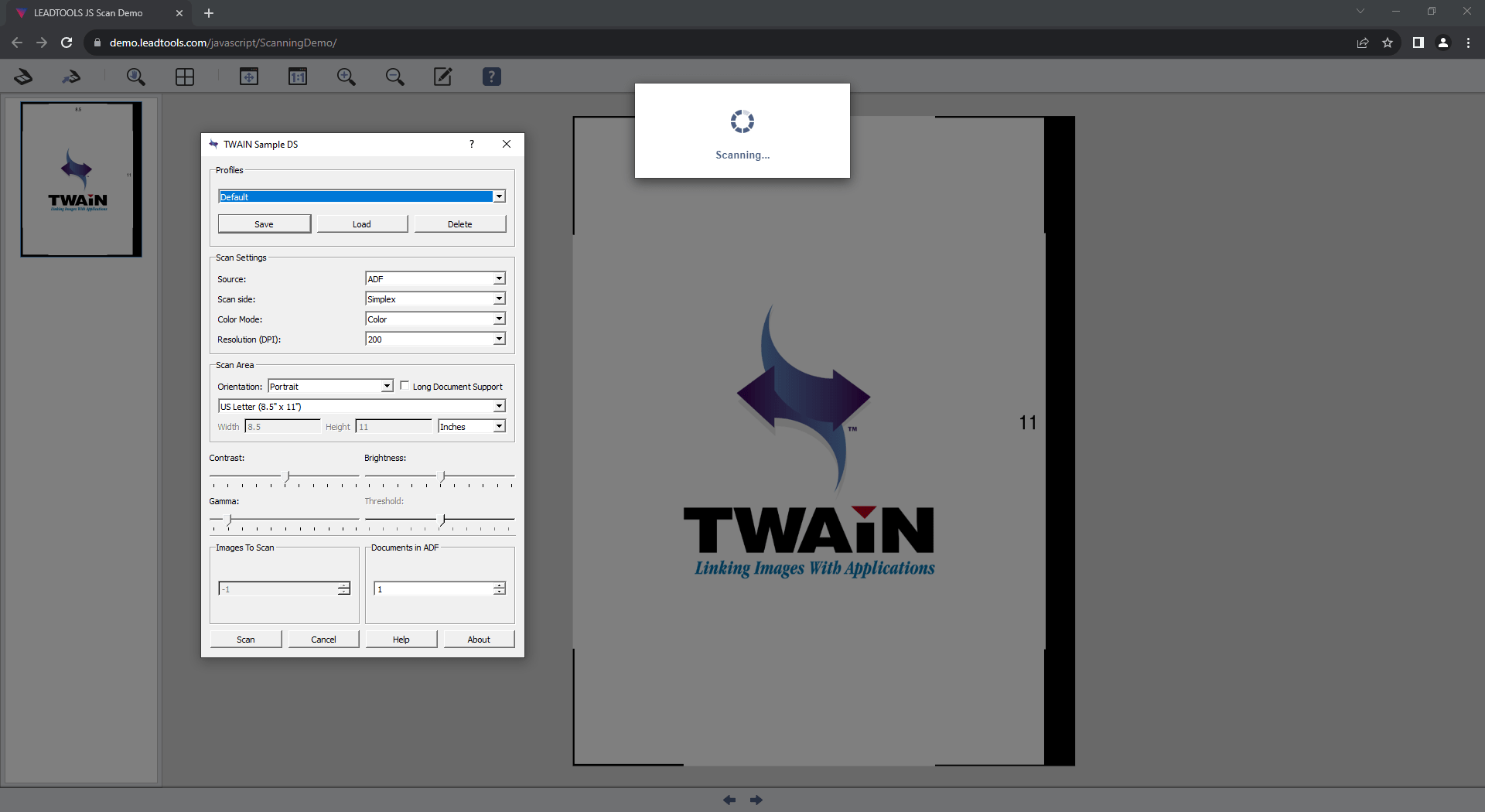 Scan ImagesUtilize the HTML5/JavaScript ImageViewer and LEADTOOLS TWAIN capabilities to scan images directly into the browser.