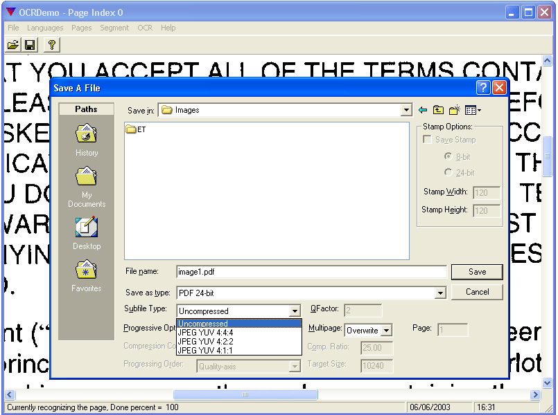 Save OCR output as searchable 24-bit PDF formatSave OCR output as 24-bit PDF format, either uncompressed or with JPEG YUV compression of the data